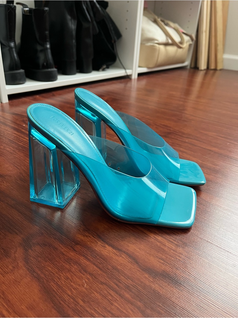 Forever 21 Turquoise Clear Block Heel Mules with Transparent Strap